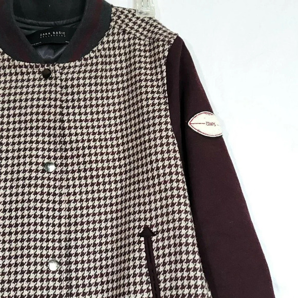 Zara Basic Womens Medium Burgundy Wool Tweed Houndstooth Suede Varsity Jacket S - Picture 4 of 6